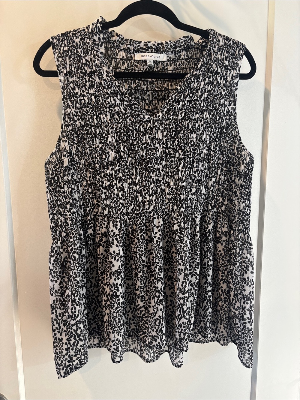 Rose & Olive Black & White Smocked Sleeveless Peplum Tank